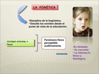 LA  FONÉTICA Disciplina de la lingüística. Estudia los sonidos desde el punto de vista de la articulación. Unidad mínima = fono Fenómeno físico perceptible auditivamente Es ilimitado Es concreto Le interesa lo físico y fisiológico. 