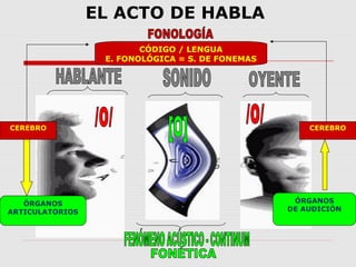 EL ACTO DE HABLA
                         CÓDIGO / LENGUA
                  E. FONOLÓGICA = S. DE FONEMAS




CEREBRO                                               CEREBRO




   ÓRGANOS                                         ÓRGANOS
ARTICULATORIOS                                    DE AUDICIÓN
 