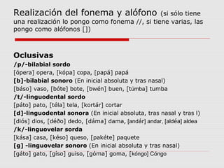 Realización del fonema y alófono               (si sólo tiene
una realización lo pongo como fonema //, si tiene varias, las
pongo como alófonos [])



Oclusivas
/p/-bilabial sordo
[ópera] opera, [kópa] copa, [papá] papá
[b]-bilabial sonoro (En inicial absoluta y tras nasal)
[báso] vaso, [bóte] bote, [bwén] buen, [túmba] tumba
/t/-linguodental sordo
[páto] pato, [téla] tela, [kortár] cortar
[d]-linguodental sonora (En inicial absoluta, tras nasal y tras l)
[diós] dios, [déðo] dedo, [dáma] dama, [andár] andar, [aldéa] aldea
/k/-linguovelar sorda
[kása] casa, [késo] queso, [pakéte] paquete
[g] -linguovelar sonoro (En inicial absoluta y tras nasal)
[gáto] gato, [gíso] guiso, [góma] goma, [kóngo] Cóngo
 