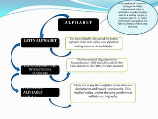 It is a system of characters
                                                                        arranged in a fixed
                                                                      conventional order to
                                                                  symbolize sounds or letters
                                                                  used in a writing system to
                                                                  represent speech. Its name
                                                                 comes from alpha+beta, the
                     ALPHABET                                    first two letters of the Greek
                                                                             alphabet.



                       The Latin Alphabet, also called the Roman
LATIN ALPHABET        alphabet, is the most widely used alphabetic
                           writing system in the world today.




                             The International Organization for
                        Standardization (ISO) ENCAPSULATED THE
LATIN ALPHABET AND     Latin alphabet in their (ISO/IEC 646) standard.
   INTENATIONAL
     STANDARS


INTERNATIONAL             There are many transcription conventions as
PHONETIC                   dictionaries and reader´s necessities. This
ALPHABET                  implies having almost the same problems as
(IPA)                                ordinary orthography.
 