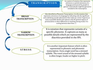 Is a system of notation that represents
           TRANSCRIPTION                            utterances or partial utterances of a
                                                    language pronounced by people in
                                                general. Some details might be ignored or
                                                        included in the transcription.


                    Also identified as Phonemic Transcription, it is the notation that
   BROAD          represents utterances of a language by indicating only the significant
                 and underlying sounds (phonemes) that make up a word. It ignores as
TRANSCRIPTION       many as possible details and captures only the general aspects of
                    pronunciation to show differences in meaning among words. It is
                                      writing between slant lines ://.


                   It is notation that represents variants of a
   NARROW           specific phoneme. It captures as many as
TRANSCRIPTION     possible details which are represented by the
                          diacritics provided in the IPA.


                      It is another important feature which is often
                          represented in phonetic and phonemic
  STRESS
                     transcription. Every single word has a stressed
                    syllable. The vowel sound of the stressed syllable
                         is often longer, louder an higher in pitch.
 