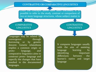 CONTRASTIVE OR COMPARATIVE LINGUISTICS

           Once the concepts above have been discussed, it is
           possible to refer to the study, contrast or comparison of
           two or more language structures, whose subject matter is
           more specific.

      COMPARATIVE                                      CONTRASTIVE
       LINGUISTICS                                      LINGUISTICS


Languages may be related by
convergence            through
borrowing or by genetic
descent. Genetic relatedness                  It compares languages usually
implies a common origin or                    with the aim of assisting
proto-      language,      and                language      learning     by
comparative linguistics aims to               identifying         important
construct proto- language and                 differences    between    the
especify the changes that have                learner’s native and target
resulted in the documented                    language
languages.
 