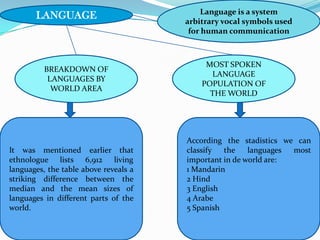 Language is a system
       LANGUAGE
                                       arbitrary vocal symbols used
                                        for human communication



                                            MOST SPOKEN
          BREAKDOWN OF
                                             LANGUAGE
           LANGUAGES BY
                                           POPULATION OF
            WORLD AREA
                                             THE WORLD




                                       According the stadistics we can
It was mentioned earlier that          classify  the    languages most
ethnologue lists 6,912 living          important in de world are:
languages, the table above reveals a   1 Mandarin
striking difference between the        2 Hind
median and the mean sizes of           3 English
languages in different parts of the    4 Arabe
world.                                 5 Spanish
 