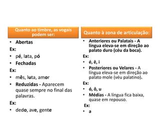 Quanto ao timbre, as vogais
podem ser:
• Abertas
Ex:
• pé, lata, pó
• Fechadas
Ex:
• mês, luta, amor
• Reduzidas - Aparecem
quase sempre no final das
palavras.
Ex:
• dedo, ave, gente
Quanto à zona de articulação:
• Anteriores ou Palatais - A
língua eleva-se em direção ao
palato duro (céu da boca).
Ex:
• é, ê, i
• Posteriores ou Velares - A
língua eleva-se em direção ao
palato mole (véu palatino).
Ex:
• ó, ô, u
• Médias - A língua fica baixa,
quase em repouso.
Ex:
• a
 