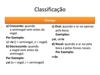 Classificação
Ditongo
a) Crescente: quando
a semivogal vem antes da
vogal.
Por Exemplo:
sé-rie (i = semivogal, e = vogal)
b) Decrescente: quando
a vogal vem antes da
semivogal.
Por Exemplo:
pai (a = vogal, i = semivogal)
c) Oral: quando o ar sai apenas
pela boca.
Exemplos:
pai, série
d) Nasal: quando o ar sai pela
boca e pelas fossas nasais.
Por Exemplo:
mãe
 