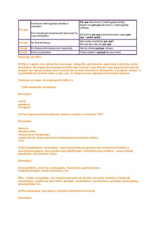 Por que
Em frases interrogativas (diretas e
indiretas)
Em substituição à expressão "pelo qual"(e
suas variações)
Por que ele chorou? (interrogativa direta)
Digam-me por que ele chorou. (interrogativa
indireta)
Os bairros por que passamos eram sujos.(por
que = pelos quais)
Por quê No final de frases
Eles estão revoltados por quê?
Ele não veio não sei por quê.
Porque Em frases afirmativas e em respostas Não fui à festa porque choveu.
Porquê Como substantivo Todos sabem o porquê de seu medo.
Emprego do Hífen
O hífen é usado com vários fins em nossa ortografia, geralmente, sugerindo a ideia de união
semântica. As regras de emprego do hífen são muitas, o que faz com que algumas dúvidas só
possam ser solucionadas com o auxílio de um bom dicionário. Entretanto, é possível reduzir a
quantidade de dúvidas sobre o seu uso, ao observarmos algumas orientações básicas.
Conheça os casos de emprego do hífen (-):
1) Na separação de sílabas.
Exemplos:
vo-vó;
pás-sa-ro;
U-ru-guai.
2) Para ligar pronomes oblíquos átonos a verbos e à palavra "eis".
Exemplos:
deixa-o;
obedecer-lhe;
chamar-se-á (mesóclise);
mostre-se-lhe (dois pronomes relacionados ao mesmo verbo);
ei-lo.
3) Em substantivos compostos, cujos elementos conservam sua autonomia fonética e
acentuação própria, mas perdem sua significação individual para construir uma unidade
semântica, um conceito único.
Exemplos:
Amor-perfeito, arco-íris, conta-gotas, decreto-lei, guarda-chuva,
médico-cirurgião, norte-americano, etc.
Obs.: certos compostos, em relação aos quais se perdeu, em certa medida, a noção de
composição, grafam-se sem hífen: girassol, madressilva, mandachuva, pontapé, paraquedas,
paraquedista, etc.
4) Em compostos nos quais o primeiro elemento é numeral.
Exemplos:
 
