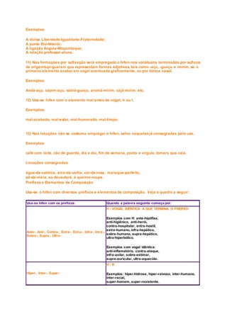 Exemplos:
A divisa Liberdade-Igualdade-Fraternidade;
A ponte Rio-Niterói;
A ligação Angola-Moçambique;
A relação professor-aluno.
11) Nas formações por sufixação será empregado o hífen nos vocábulos terminados por sufixos
de origemtupi-guarani que representam formas adjetivas, tais como -açu, -guaçu e -mirim, se o
primeiro elemento acabar em vogal acentuada graficamente, ou por tônica nasal.
Exemplos:
Andá-açu, capim-açu, sabiá-guaçu, arumã-mirim, cajá-mirim, etc.
12) Usa-se hífen com o elemento mal antes de vogal, h ou l.
Exemplos:
mal-acabado, mal-estar, mal-humorado, mal-limpo.
13) Nas locuções não se costuma empregar o hífen, salvo naquelasjá consagradas pelo uso.
Exemplos:
café com leite, cão de guarda, dia a dia, fim de semana, ponto e vírgula, tomara que caia.
Locuções consagradas:
água-de-colônia, arco-da-velha, cor-de-rosa, mais-que-perfeito,
pé-de-meia, ao deus-dará, à queima-roupa.
Prefixos e Elementos de Composição
Usa-se o hífen com diversos prefixos e elementos de composição. Veja o quadro a seguir:
Usa-se hífen com os prefixos: Quando a palavra seguinte começa por:
Ante-, Anti-, Contra-, Entre-, Extra-, Infra-, Intra-,
Sobre-, Supra-, Ultra-
H / VOGAL IDÊNTICA À QUE TERMINA O PREFIXO
Exemplos com H: ante-hipófise,
anti-higiênico, anti-herói,
contra-hospitalar, entre-hostil,
extra-humano, infra-hepático,
sobre-humano, supra-hepático,
ultra-hiperbólico.
Exemplos com vogal idêntica:
anti-inflamatório, contra-ataque,
infra-axilar, sobre-estimar,
supra-auricular, ultra-aquecido.
Hiper-, Inter-, Super-
H / R
Exemplos: hiper-hidrose, hiper-raivoso, inter-humano,
inter-racial,
super-homem, super-resistente.
 