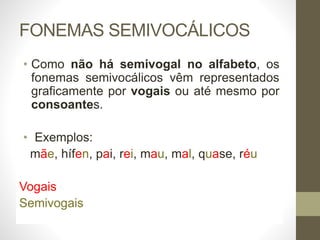 FONEMAS SEMIVOCÁLICOS
• Como não há semivogal no alfabeto, os
fonemas semivocálicos vêm representados
graficamente por vogais ou até mesmo por
consoantes.
• Exemplos:
mãe, hífen, pai, rei, mau, mal, quase, réu
Vogais
Semivogais
 