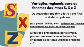 Variações regionais para os
Variações regionais para os
Variações regionais para os
fonemas das letras S, X e Z
fonemas das letras S, X e Z
fonemas das letras S, X e Z
Os vocábulos que têm a letra s em final
de sílaba ou palavra.
(ex.: pastel, ônibus, mês) poderão ter fonema
diferenciado nas diversas regiões do país.
Mineiros e brasilienses, por exemplo,
pronunciam esse s com o fonema /s/,
enquanto os cariocas utilizam o fonema
/x/.
 