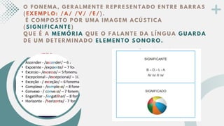 O F O N E M A , G E R A L M E N T E R E P R E S E N T A D O E N T R E B A R R A S
( E X E M P L O : / A / / V / / E / ) .
É C O M P O S T O P O R U M A I M A G E M A C Ú S T I C A
( S I G N I F I C A N T E )
Q U E É A M E M Ó R I A Q U E O F A L A N T E D A L Í N G U A G U A R D A
D E U M D E T E R M I N A D O E L E M E N T O S O N O R O .
 