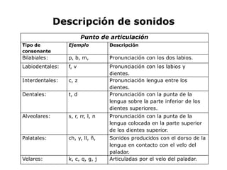 Descripción de sonidos
                        Punto de articulación
Tipo de          Ejemplo          Descripción
consonante
Bilabiales:      p, b, m,         Pronunciación con los dos labios.
Labiodentales:   f, v             Pronunciación con los labios y
                                  dientes.
Interdentales:   c, z             Pronunciación lengua entre los
                                  dientes.
Dentales:        t, d             Pronunciación con la punta de la
                                  lengua sobre la parte inferior de los
                                  dientes superiores.
Alveolares:      s, r, rr, l, n   Pronunciación con la punta de la
                                  lengua colocada en la parte superior
                                  de los dientes superior.
Palatales:       ch, y, ll, ñ,    Sonidos producidos con el dorso de la
                                  lengua en contacto con el velo del
                                  paladar.
Velares:         k, c, q, g, j    Articuladas por el velo del paladar.
 