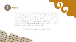vogais
1
sons que resultam da livre passagem da corrente de ar pela
boca. Na língua portuguesa, a vogal é a base da sílaba. Isso
significa que não existe sílaba sem vogal e que não podemos
ter duas vogais na mesma sílaba. Os fonemas vocálicos são
representados pelas letras a, e, i, o, u, modificadas ou não por
notações léxicas (ã, é, ê, õ, ô, ó) e pelos dígrafos vocálicos
(am, an, em, en, im, in, om, on, um, un):
cama, janela, amigo, bambu, pele, Pelé
 