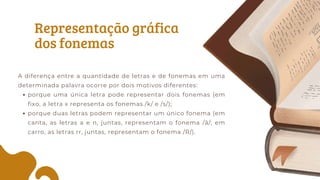 Representação gráfica
dos fonemas
A diferença entre a quantidade de letras e de fonemas em uma
determinada palavra ocorre por dois motivos diferentes:
porque uma única letra pode representar dois fonemas (em
fixo, a letra x representa os fonemas /k/ e /s/);
porque duas letras podem representar um único fonema (em
canta, as letras a e n, juntas, representam o fonema /ã/; em
carro, as letras rr, juntas, representam o fonema /R/).
 