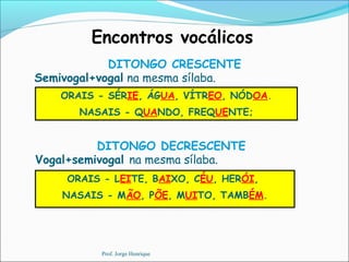Encontros vocálicos
DITONGO CRESCENTE
Semivogal+vogal na mesma sílaba.
DITONGO DECRESCENTE
Vogal+semivogal na mesma sílaba.
ORAIS - SÉRIE, ÁGUA, VÍTREO, NÓDOA.
NASAIS - QUANDO, FREQUENTE;
ORAIS - LEITE, BAIXO, CÉU, HERÓI,
NASAIS - MÃO, PÕE, MUITO, TAMBÉM.
Prof. Jorge Henrique
 
