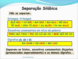 Separação Silábica
Não se separam:
Ditongos, tritongos:
GLÓ-RIA / CÁ-RIE / MÁ-RIO / MÁ-GUA / RÉ-GUA
TÊ-NUE / CON-TÍ-GUO / SA-GUÃO / PA-RA-GUAI
Encontros consonantais em início de palavra:
PNEU-MÁ-TICO / PSI-CO-LÓ-GI-CO / MNE-MÔ-NI-CO
Dígrafos ch, nh e lh:
RA-CHAR / NI-NHO / MO-LHO
Separam-se hiatos, encontros consonantais disjuntos
(pronunciados separadamente) e os demais dígrafos.
Prof. Jorge Henrique
 
