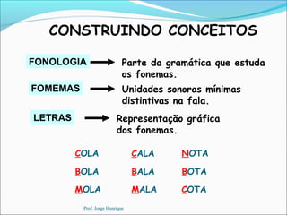 FOMEMAS
CONSTRUINDO CONCEITOS
Unidades sonoras mínimas
distintivas na fala.
LETRAS Representação gráfica
dos fonemas.
COLA
BOLA
MOLA
CALA
BALA
MALA
NOTA
BOTA
COTA
FONOLOGIA Parte da gramática que estuda
os fonemas.
Prof. Jorge Henrique
 