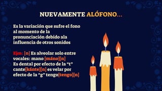 NUEVAMENTE ALÓFONO…
Es la variación que sufre el fono
al momento de la
pronunciación debido ala
influencia de otros sonidos
Ejm: [n] Es alveolar solo entre
vocales: mano [máno][n]
Es dental por efecto de la “t”
cante[kánte][n] es velar por
efecto de la “g” tengo[tengo][n]
 