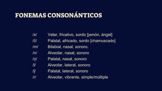 FONEMAS CONSONÁNTICOS
/x/ Velar, fricativo, sordo [jamón, ángel]
/ĉ/ Palatal, africado, sordo [chamuscado]
/m/ Bilabial, nasal, sonoro.
/n/ Alveolar, nasal, sonoro
/ṋ/ Palatal, nasal, sonoro
/l/ Alveolar, lateral, sonoro
/ḽ/ Palatal, lateral, sonoro
/r/ Alveolar, vibrante, simple/múltiple
 