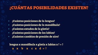 ¿CUÁNTAS POSIBILIDADES EXISTEN?
• ¿Cuántas posiciones de la lengua?
• ¿Cuántas posiciones de la mandíbula?
• ¿Cuántos estados de la glotis?
• ¿Cuántas posiciones de los labios?
• ¿Cuántos cambios de presión de aire?
lengua x mandíbula x glotis x labios x ? = ?
a x b x c x d = ?
 