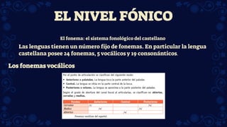 Las lenguas tienen un número fijo de fonemas. En particular la lengua
castellana posee 24 fonemas, 5 vocálicos y 19 consonánticos.
El fonema: el sistema fonológico del castellano
Los fonemas vocálicos
EL NIVEL FÓNICO
 
