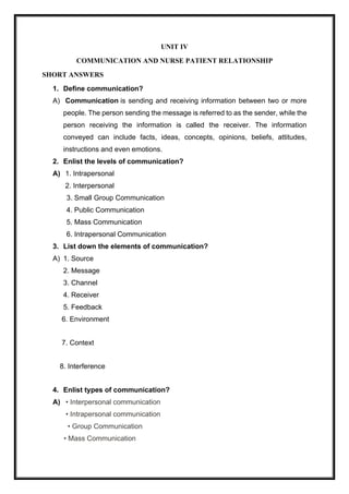 UNIT IV
COMMUNICATION AND NURSE PATIENT RELATIONSHIP
SHORT ANSWERS
1. Define communication?
A) Communication is sending and receiving information between two or more
people. The person sending the message is referred to as the sender, while the
person receiving the information is called the receiver. The information
conveyed can include facts, ideas, concepts, opinions, beliefs, attitudes,
instructions and even emotions.
2. Enlist the levels of communication?
A) 1. Intrapersonal
2. Interpersonal
3. Small Group Communication
4. Public Communication
5. Mass Communication
6. Intrapersonal Communication
3. List down the elements of communication?
A) 1. Source
2. Message
3. Channel
4. Receiver
5. Feedback
6. Environment
7. Context
8. Interference
4. Enlist types of communication?
A) • Interpersonal communication
• Intrapersonal communication
• Group Communication
• Mass Communication
 