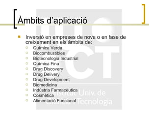 Àmbits d’aplicació Inversió en empreses de nova o en fase de creixement en els àmbits de: Química Verda Biocombustibles Biotecnologia Industrial Química Fina Drug Discovery Drug Delivery Drug Development  Biomedicina Indústria Farmacèutica Cosmètica Alimentació Funcional 