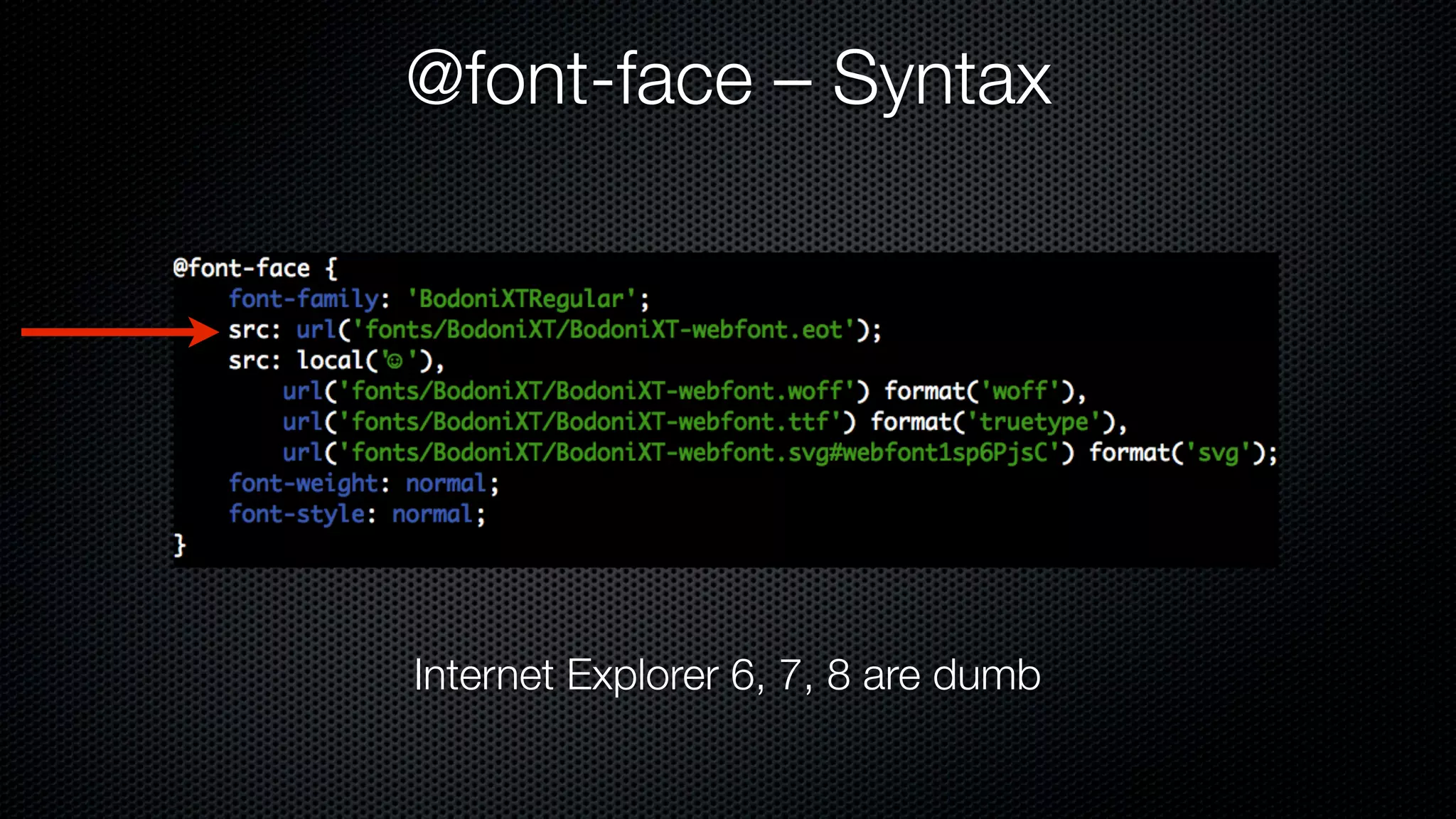 @font-face – Syntax




Internet Explorer 6, 7, 8 are dumb
 
