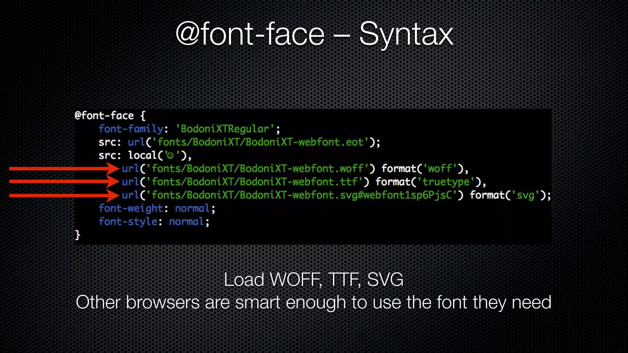 @font-face – Syntax




                 Load WOFF, TTF, SVG
Other browsers are smart enough to use the font they need
 
