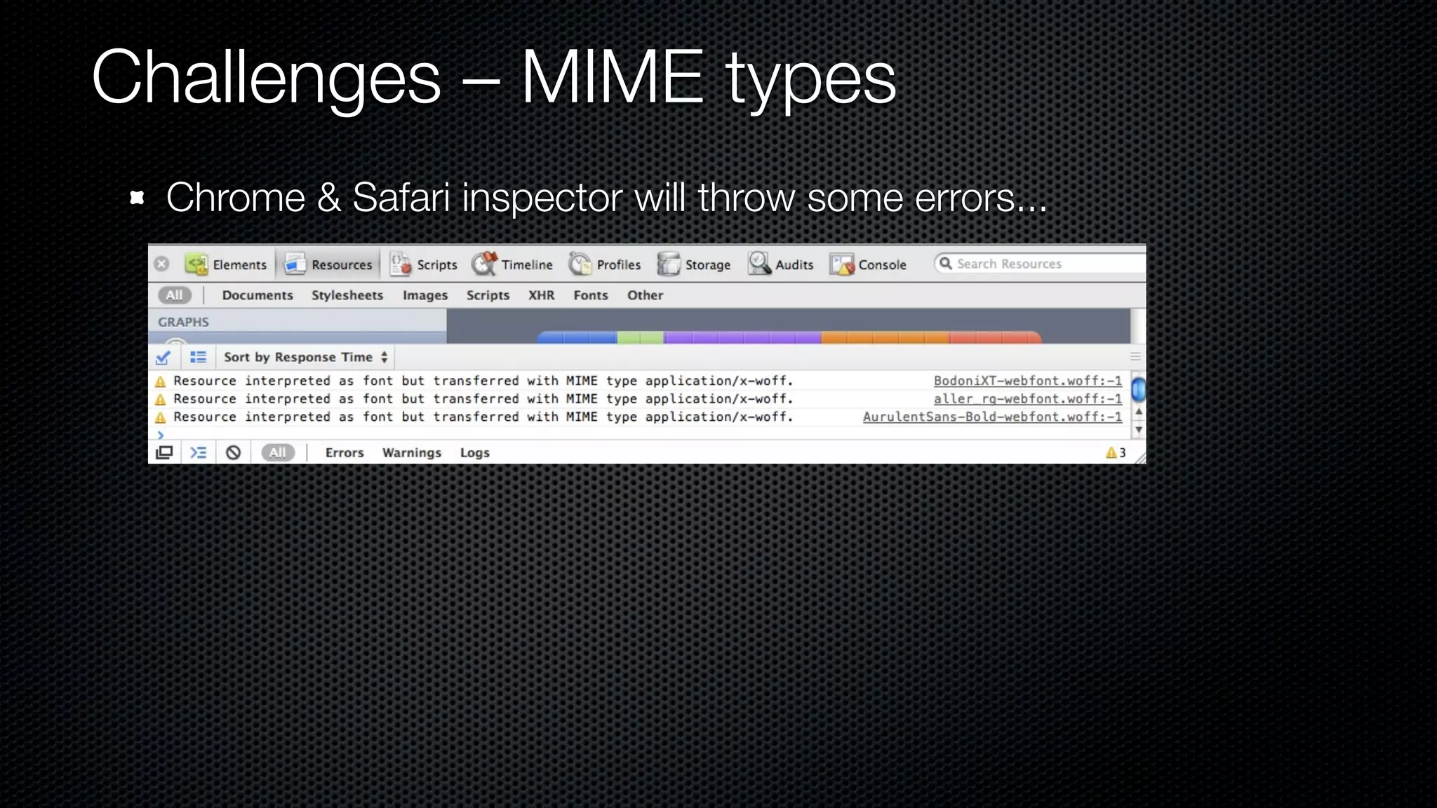 Challenges – MIME types
  Chrome & Safari inspector will throw some errors...
 
