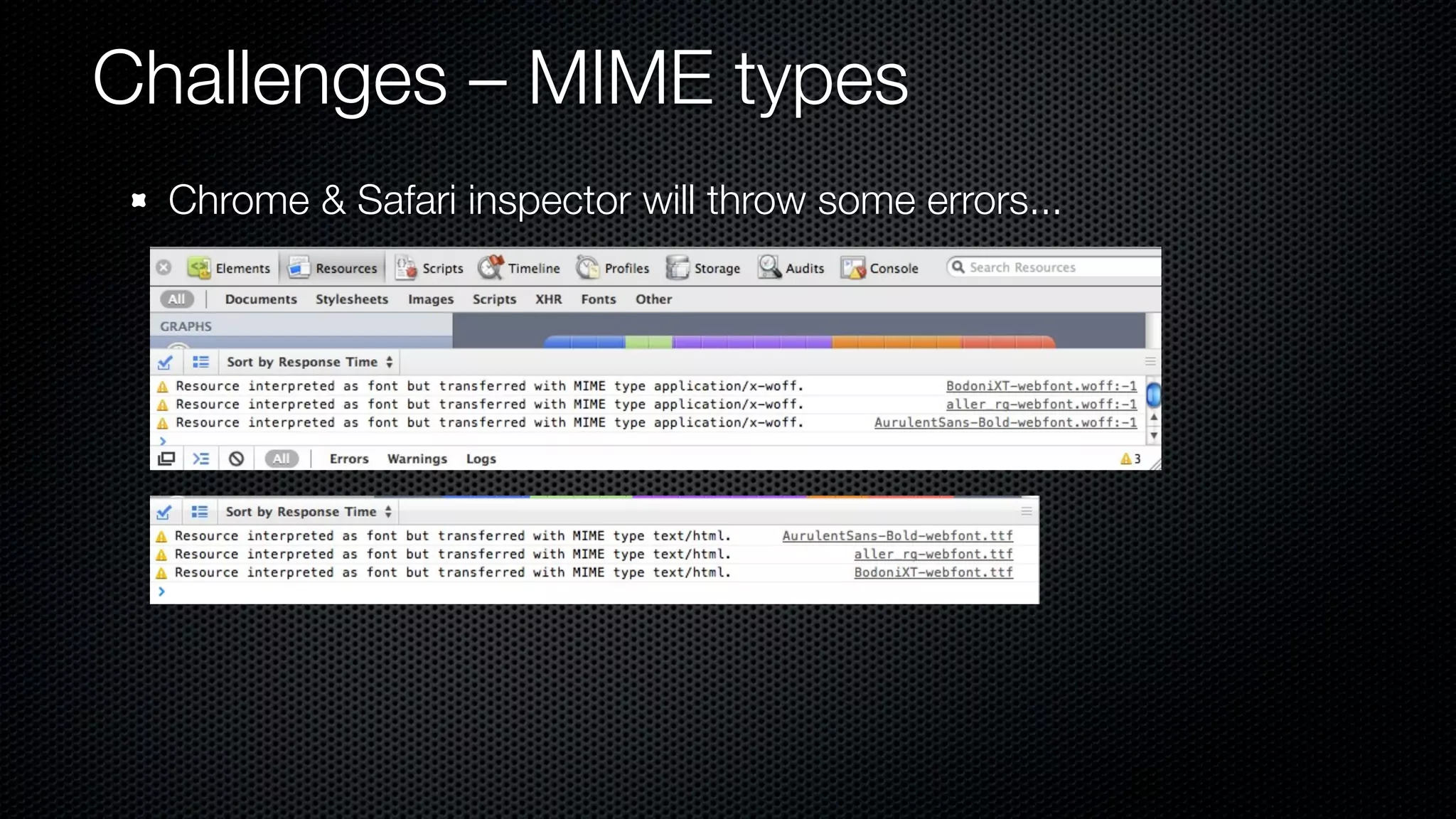 Challenges – MIME types
  Chrome & Safari inspector will throw some errors...
 
