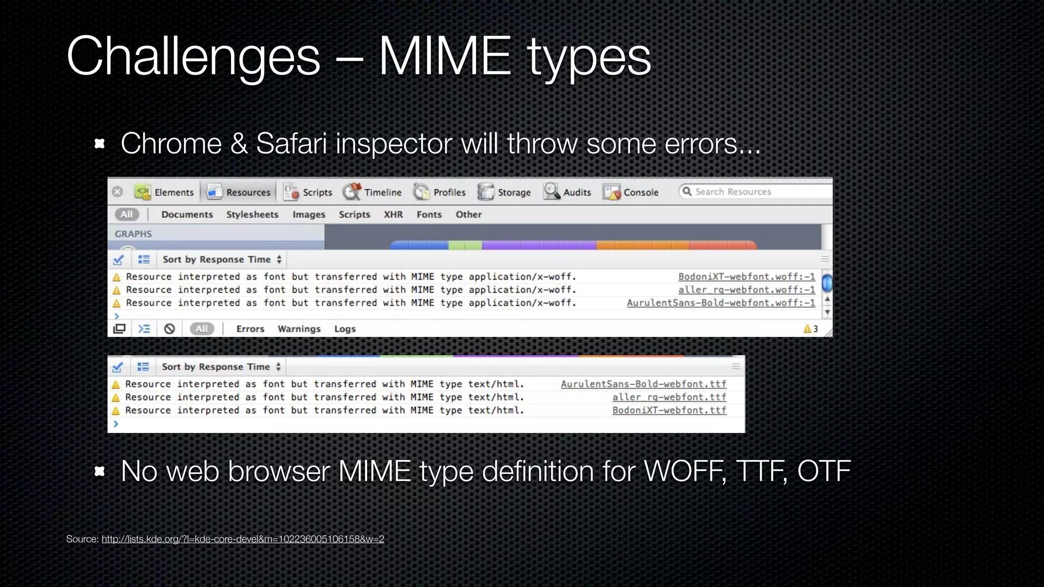 Challenges – MIME types
           Chrome & Safari inspector will throw some errors...




           No web browser MIME type deﬁnition for WOFF, TTF, OTF

Source: http://lists.kde.org/?l=kde-core-devel&m=102236005106158&w=2
 