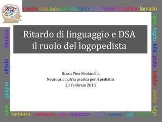 Ritardo di linguaggio e DSA
il ruolo del logopedista
Dr.ssa Pina Fontanella
Neuropsichiatria pratica per il pediatra
23 Febbraio 2013
 