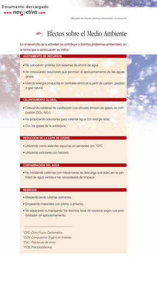 Manuales de buenas prácticas ambientales: Fontanería




                      Efectos sobre el Medio Ambiente
En el desarrollo de la actividad se contribuye a distintos problemas ambientales, en
la forma que a continuación se indica:

  AGOTAMIENTO DE RECURSOS


  • No colocando griferías con sistemas de ahorro de agua.

  • No propiciando soluciones que permitan el aprovechamiento de las aguas
    grises.

  • Usando energía producida en centrales térmicas a partir de carbón, gasóleo
    o gas natural.


  CALENTAMIENTO GLOBAL

  • Colocando calderas de calefacción con elevada emisión de gases de com-
    bustión (SOx, NOx).

  • No propiciando soluciones para calentar agua con energía solar.

  • Con los gases de la soldadura.



  REDUCCIÓN DE LA CAPA DE OZONO

  • Utilizando como aislantes espumas en aerosoles con *CFC.

  • Utilizando extintores con halones.



  CONTAMINACIÓN DEL AGUA

  • No instalando cisternas con mecanismos de descarga que adecuen la can-
    tidad de agua vertida a las necesidades de limpieza.


  RESIDUOS

  • Desperdiciando tuberías sobrantes.

  • Empleando materiales con plomo o amianto.

  • No separando ni manejando los distintos tipos de residuos según sus posi-
    bilidades de aprovechamiento.




  *CFC: Cloro Fluoro Carbonados.
  *COV: Compuestos Orgánicos Volátiles.
  *PVC: Policloruro de Vinilo.
  *PCB: Policlorobifenilos.
 