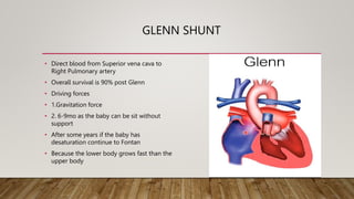 GLENN SHUNT
• Direct blood from Superior vena cava to
Right Pulmonary artery
• Overall survival is 90% post Glenn
• Driving forces
• 1.Gravitation force
• 2. 6-9mo as the baby can be sit without
support
• After some years if the baby has
desaturation continue to Fontan
• Because the lower body grows fast than the
upper body
 