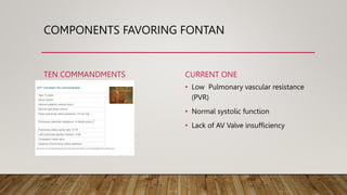 COMPONENTS FAVORING FONTAN
TEN COMMANDMENTS CURRENT ONE
• Low Pulmonary vascular resistance
(PVR)
• Normal systolic function
• Lack of AV Valve insufficiency
 