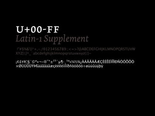 +-
Latin-1 Supplement
 !"#$%&'()*+,-./0123456789:;<=>?@ABCDEFGHIJKLMNOPQRSTUVW
XYZ[]^_`abcdefghijklmnopqrstuvwxyz{|}~

¡¢£¤¥¦§¨©ª«¬­®¯°±²³´µ¶·¸¹º»¼½¾¿ÀÁÂÃÄÅÆÇÈÉÊËÌÍÎÏÐÑÒÓÔÕÖ
×ØÙÚÛÜÝÞßàáâãäåæçèéêëìíîïðñòóôõö÷øùúûüýþÿ
 