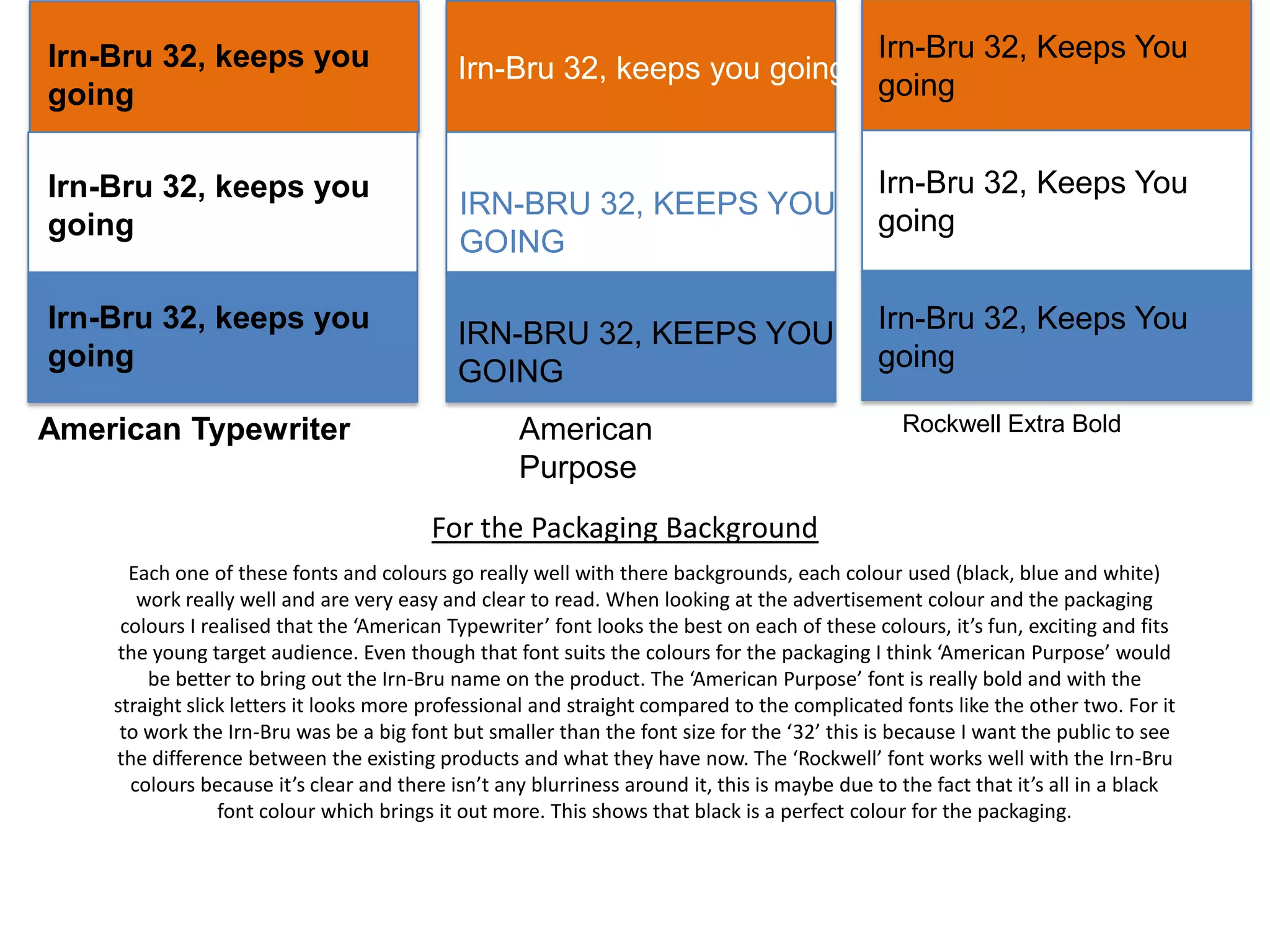 Irn-Bru 32, keeps you
going
Irn-Bru 32, keeps you
going
Irn-Bru 32, keeps you
going
American Typewriter

Irn-Bru 32, keeps you going

IRN-BRU 32, KEEPS YOU
GOING
IRN-BRU 32, KEEPS YOU
GOING
American
Purpose

Irn-Bru 32, Keeps You
going
Irn-Bru 32, Keeps You
going
Irn-Bru 32, Keeps You
going
Rockwell Extra Bold

For the Packaging Background
Each one of these fonts and colours go really well with there backgrounds, each colour used (black, blue and white)
work really well and are very easy and clear to read. When looking at the advertisement colour and the packaging
colours I realised that the ‘American Typewriter’ font looks the best on each of these colours, it’s fun, exciting and fits
the young target audience. Even though that font suits the colours for the packaging I think ‘American Purpose’ would
be better to bring out the Irn-Bru name on the product. The ‘American Purpose’ font is really bold and with the
straight slick letters it looks more professional and straight compared to the complicated fonts like the other two. For it
to work the Irn-Bru was be a big font but smaller than the font size for the ‘32’ this is because I want the public to see
the difference between the existing products and what they have now. The ‘Rockwell’ font works well with the Irn-Bru
colours because it’s clear and there isn’t any blurriness around it, this is maybe due to the fact that it’s all in a black
font colour which brings it out more. This shows that black is a perfect colour for the packaging.

 