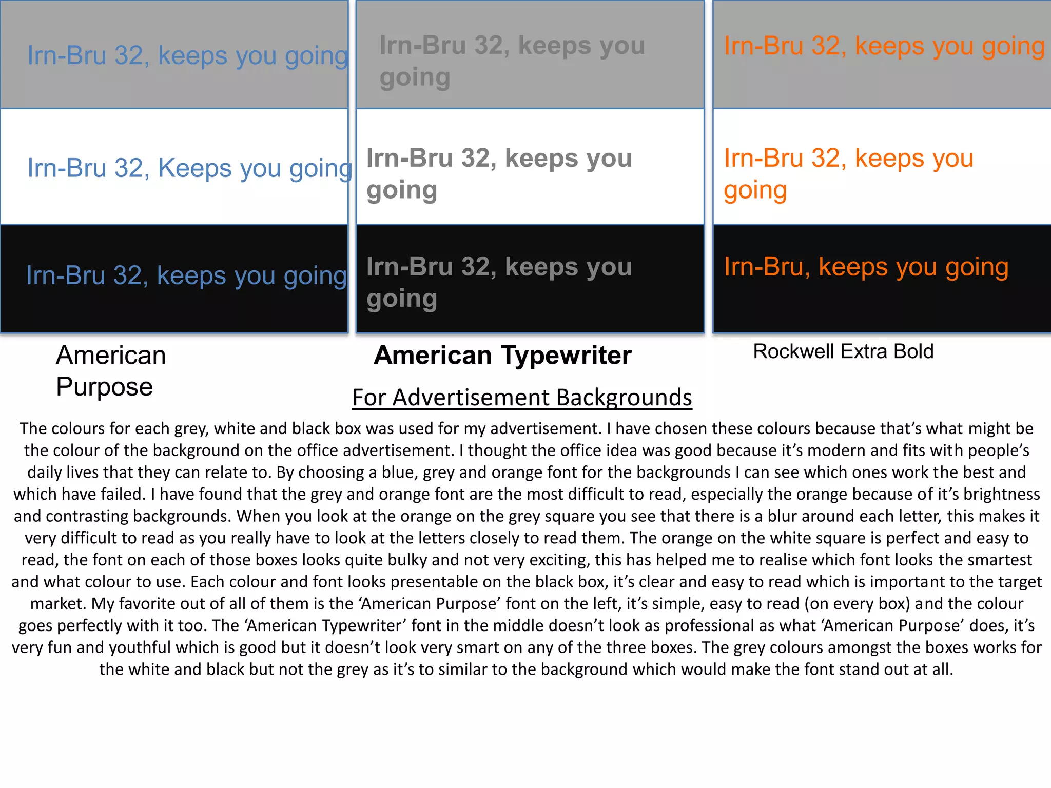 Irn-Bru 32, keeps you going

Irn-Bru 32, keeps you
going

Irn-Bru 32, keeps you going

Irn-Bru 32, Keeps you going Irn-Bru 32, keeps you
going

Irn-Bru 32, keeps you
going

Irn-Bru 32, keeps you going Irn-Bru 32, keeps you
going

Irn-Bru, keeps you going

American
Purpose

American Typewriter

Rockwell Extra Bold

For Advertisement Backgrounds

The colours for each grey, white and black box was used for my advertisement. I have chosen these colours because that’s what might be
the colour of the background on the office advertisement. I thought the office idea was good because it’s modern and fits with people’s
daily lives that they can relate to. By choosing a blue, grey and orange font for the backgrounds I can see which ones work the best and
which have failed. I have found that the grey and orange font are the most difficult to read, especially the orange because of it’s brightness
and contrasting backgrounds. When you look at the orange on the grey square you see that there is a blur around each letter, this makes it
very difficult to read as you really have to look at the letters closely to read them. The orange on the white square is perfect and easy to
read, the font on each of those boxes looks quite bulky and not very exciting, this has helped me to realise which font looks the smartest
and what colour to use. Each colour and font looks presentable on the black box, it’s clear and easy to read which is important to the target
market. My favorite out of all of them is the ‘American Purpose’ font on the left, it’s simple, easy to read (on every box) and the colour
goes perfectly with it too. The ‘American Typewriter’ font in the middle doesn’t look as professional as what ‘American Purpose’ does, it’s
very fun and youthful which is good but it doesn’t look very smart on any of the three boxes. The grey colours amongst the boxes works for
the white and black but not the grey as it’s to similar to the background which would make the font stand out at all.

 