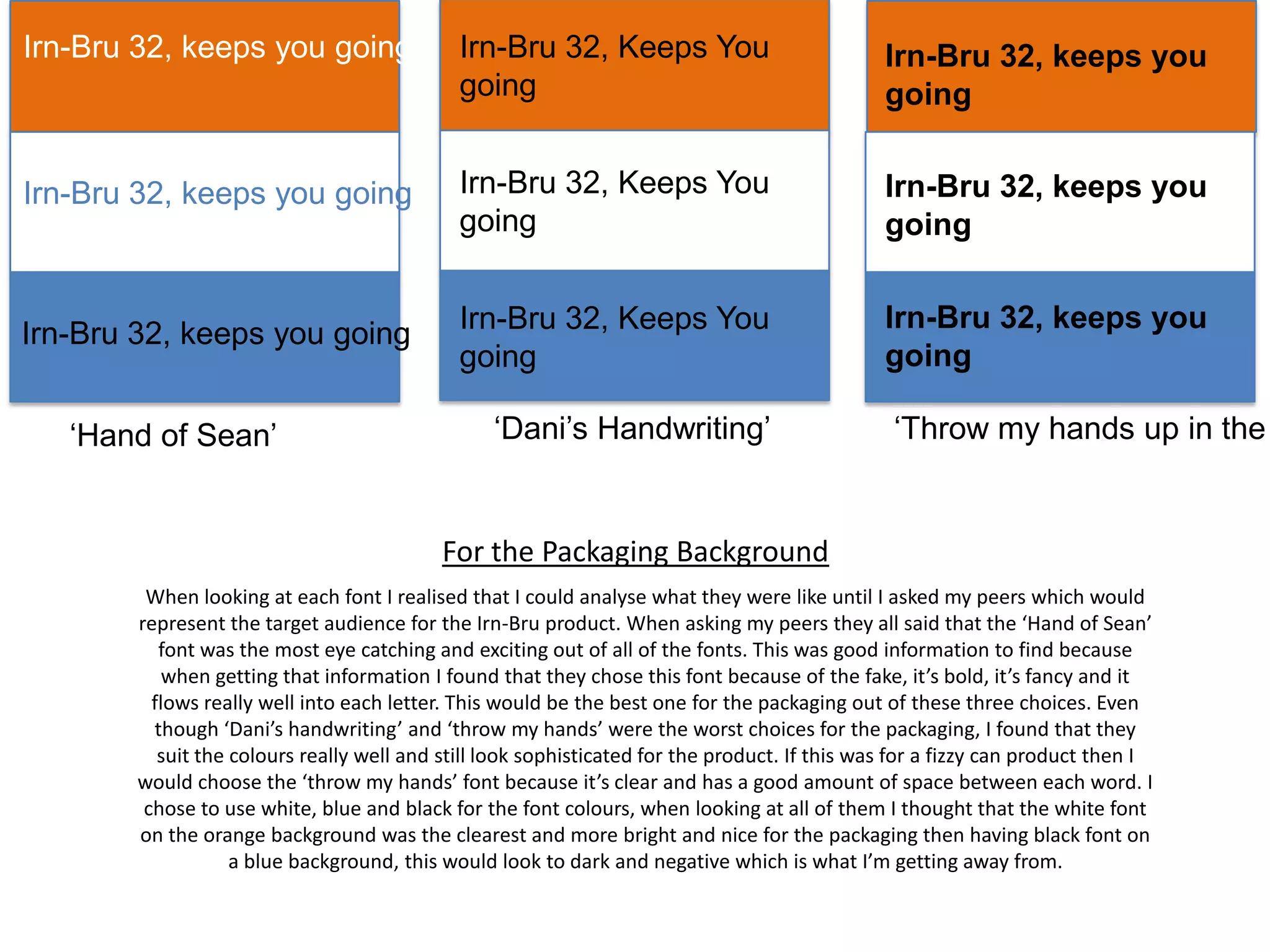 Irn-Bru 32, keeps you going

Irn-Bru 32, Keeps You
going

Irn-Bru 32, keeps you
going

Irn-Bru 32, keeps you going

Irn-Bru 32, Keeps You
going

Irn-Bru 32, keeps you
going

Irn-Bru 32, keeps you going

Irn-Bru 32, Keeps You
going

Irn-Bru 32, keeps you
going

‘Hand of Sean’

‘Dani’s Handwriting’

‘Throw my hands up in the

For the Packaging Background
When looking at each font I realised that I could analyse what they were like until I asked my peers which would
represent the target audience for the Irn-Bru product. When asking my peers they all said that the ‘Hand of Sean’
font was the most eye catching and exciting out of all of the fonts. This was good information to find because
when getting that information I found that they chose this font because of the fake, it’s bold, it’s fancy and it
flows really well into each letter. This would be the best one for the packaging out of these three choices. Even
though ‘Dani’s handwriting’ and ‘throw my hands’ were the worst choices for the packaging, I found that they
suit the colours really well and still look sophisticated for the product. If this was for a fizzy can product then I
would choose the ‘throw my hands’ font because it’s clear and has a good amount of space between each word. I
chose to use white, blue and black for the font colours, when looking at all of them I thought that the white font
on the orange background was the clearest and more bright and nice for the packaging then having black font on
a blue background, this would look to dark and negative which is what I’m getting away from.

 