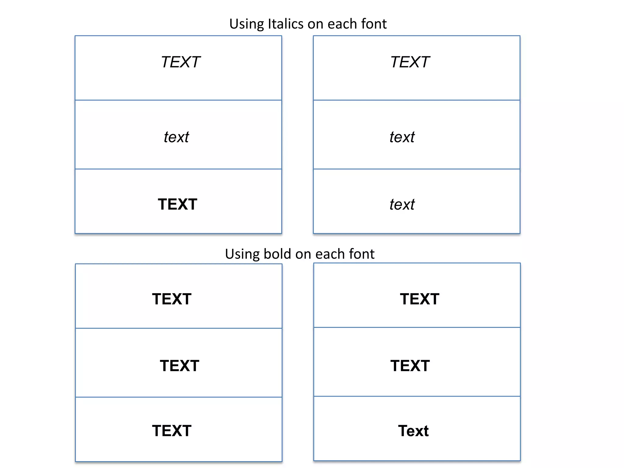 Using Italics on each font

TEXT

TEXT

text

text

TEXT

text
Using bold on each font

TEXT

TEXT

TEXT

TEXT

TEXT

Text

 