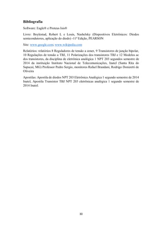 30
Bibliografia
Software: Eagle® e Proteus Isis®
Livro: Boylestad, Robert L e Louis, Nashelsky (Dispositivos Eletrônicos: Diodos
semicondutores, aplicação do diodo) -11ª Edição, PEARSON
Site: www.google.com; www.wikipedia.com
Relatórios: relatórios 8 Reguladores de tensão a zener, 9 Transistores de junção bipolar,
10 Regulações de tensão a TBJ, 11 Polarizações dos transistores TBJ e 12 Modelos ac
dos transistores, da disciplina de eletrônica analógica 1 NPT 203 segundos semestre de
2014 da instituição Instituto Nacional de Telecomunicações, Inatel (Santa Rita do
Sapucaí, MG) Professor Pedro Sergio, monitores Rafael Brandani, Rodrigo Donizetti de
Oliveira
Apostilas: Apostila de diodos NPT 203 Eletrônica Analógica 1 segundo semestre de 2014
Inatel, Apostila Transistor TBJ NPT 203 eletrônicas analógica 1 segundo semestre de
2014 Inatel.
 