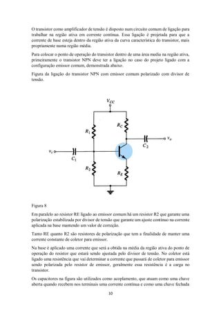 10
O transistor como amplificador de tensão é disposto num circuito comum de ligação para
trabalhar na região ativa em corrente contínua. Essa ligação é projetada para que a
corrente de base esteja dentro da região ativa da curva característica do transistor, mais
propriamente numa região média.
Para colocar o ponto de operação do transistor dentro de uma área media na região ativa,
primeiramente o transistor NPN deve ter a ligação no caso do projeto ligado com a
configuração emissor comum, demonstrada abaixo.
Figura da ligação do transistor NPN com emissor comum polarizado com divisor de
tensão.
Figura 8
Em paralelo ao resistor RE ligado ao emissor comum há um resistor R2 que garante uma
polarização estabilizada por divisor de tensão que garante um ajuste contínuo na corrente
aplicada na base mantendo um valor de correção.
Tanto RE quanto R2 são resistores de polarização que tem a finalidade de manter uma
corrente constante de coletor para emissor.
Na base é aplicado uma corrente que será a obtida na média da região ativa do ponto de
operação do resistor que estará sendo ajustada pelo divisor de tensão. No coletor está
ligado uma resistência que vai determinar a corrente que passará de coletor para emissor
sendo polarizada pelo resistor de emissor, geralmente essa resistência é a carga no
transistor.
Os capacitores na figura são utilizados como acoplamento, que atuam como uma chave
aberta quando recebem nos terminais uma corrente contínua e como uma chave fechada
 