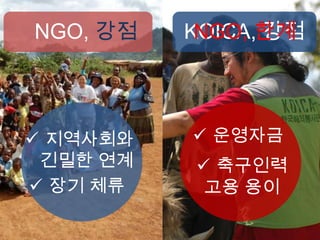 NGO, 강점   KOICA,한계
           NGO, 강점



 지역사회와    운영자금
 긴밀한 연계    축구인력
 장기 체류    고용 용이
 