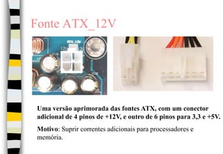 Fonte ATX_12VUma versão aprimorada das fontes ATX, com um conector adicional de 4 pinos de +12V, e outro de 6 pinos para 3,3 e +5V.Motivo: Suprir correntes adicionais para processadores e memória.