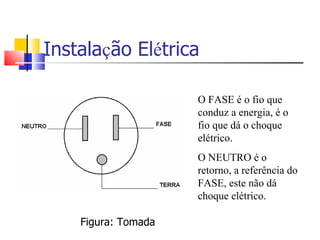 Instala ç ão El é trica O FASE é o fio que conduz a energia, é o fio que dá o choque elétrico. O NEUTRO é o retorno, a referência do FASE, este não dá choque elétrico. Figura: Tomada 
