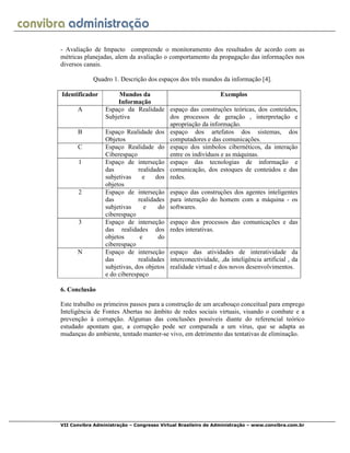 VII Convibra Administração – Congresso Virtual Brasileiro de Administração – www.convibra.com.br
- Avaliação de Impacto compreende o monitoramento dos resultados de acordo com as
métricas planejadas, alem da avaliação o comportamento da propagação das informações nos
diversos canais.
Quadro 1. Descrição dos espaços dos três mundos da informação [4].
Identificador Mundos da
Informação
Exemplos
A Espaço da Realidade
Subjetiva
espaço das construções teóricas, dos conteúdos,
dos processos de geração , interpretação e
apropriação da informação.
B Espaço Realidade dos
Objetos
espaço dos artefatos dos sistemas, dos
computadores e das comunicações.
C Espaço Realidade do
Ciberespaço
espaço dos símbolos cibernéticos, da interação
entre os indivíduos e as máquinas.
1 Espaço de interseção
das realidades
subjetivas e dos
objetos
espaço das tecnologias de informação e
comunicação, dos estoques de conteúdos e das
redes.
2 Espaço de interseção
das realidades
subjetivas e do
ciberespaço
espaço das construções dos agentes inteligentes
para interação do homem com a máquina - os
softwares.
3 Espaço de interseção
das realidades dos
objetos e do
ciberespaço
espaço dos processos das comunicações e das
redes interativas.
N Espaço de interseção
das realidades
subjetivas, dos objetos
e do ciberespaço
espaço das atividades de interatividade da
interconectividade, ,da inteligência artificial , da
realidade virtual e dos novos desenvolvimentos.
6. Conclusão
Este trabalho os primeiros passos para a construção de um arcabouço conceitual para emprego
Inteligência de Fontes Abertas no âmbito de redes sociais virtuais, visando o combate e a
prevenção à corrupção. Algumas das conclusões possíveis diante do referencial teórico
estudado apontam que, a corrupção pode ser comparada a um vírus, que se adapta as
mudanças do ambiente, tentado manter-se vivo, em detrimento das tentativas de eliminação.
 