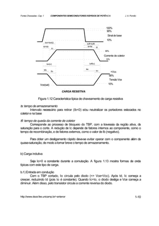Fontes Chaveadas - Cap. 1             COMPONENTES SEMICONDUTORES RÁPIDOS DE POTÊNCIA                         J. A. Pomilio




                                                                                         100%
                                                                                         90%
                                                                                          Sinal de base
                                                                                         10%
                             ton=ton(i)
                                                                  toff=toffi
                        td=tdi                                     ts=tsi    tfi
                                       tri
                                                                                        90%

                                                                                       Corrente de coletor
                                                                                        10%

                                  ton(v)                               toff(v)

                            tdv                                  tsv
                                       tfv                                       trv
                                                                                            +Vcc
                                                                                           90%
                                                                                              Tensão Vce
                     Vce(sat)                                                             10%

                                              CARGA RESISTIVA

                  Figura 1.12 Característica típica de chaveamento de carga resistiva

ts: tempo de armazenamento
        Intervalo necessário para retirar (Ib<0) e/ou neutralizar os portadores estocados no
coletor e na base

tfi: tempo de queda da corrente de coletor
         Corresponde ao processo de bloqueio do TBP, com a travessia da região ativa, da
saturação para o corte. A redução de Ic depende de fatores internos ao componente, como o
tempo de recombinação, e de fatores externos, como o valor de Ib (negativo).

       Para obter um desligamento rápido deve-se evitar operar com o componente além da
quase-saturação, de modo a tornar breve o tempo de armazenamento.


b) Carga indutiva

         Seja Io>0 e constante durante a comutação. A figura 1.13 mostra formas de onda
típicas com este tipo de carga.

b.1) Entrada em condução
        Com o TBP cortado, Io circula pelo diodo (=> Vce=Vcc). Após td, Ic começa a
crescer, reduzindo Id (pois Io é constante). Quando Ic=Io, o diodo desliga e Vce começa a
diminuir. Além disso, pelo transistor circula a corrente reversa do diodo.



http://www.dsce.fee.unicamp.br/~antenor                                                                                 1-10
 