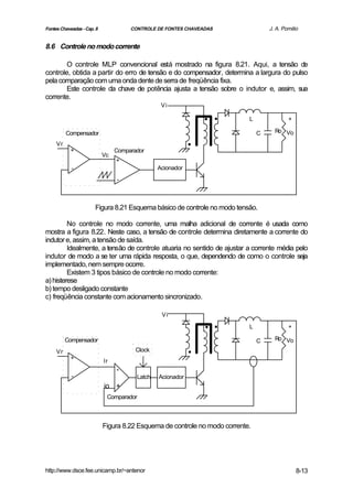 Fontes Chaveadas - Cap. 8             CONTROLE DE FONTES CHAVEADAS                  J. A. Pomilio


8.6 Controle no modo corrente

        O controle MLP convencional está mostrado na figura 8.21. Aqui, a tensão de
controle, obtida a partir do erro de tensão e do compensador, determina a largura do pulso
pela comparação com uma onda dente de serra de freqüência fixa.
        Este controle da chave de potência ajusta a tensão sobre o indutor e, assim, sua
corrente.
                                                 Vi

                                                                ..          L               +
                                                                                      Ro Vo

     Vr
          Compensador

            +                    Comparador
                                                            .                   C


                            Vc
                                 +
            -                                   Acionador
                                 -



                       Figura 8.21 Esquema básico de controle no modo tensão.

         No controle no modo corrente, uma malha adicional de corrente é usada como
mostra a figura 8.22. Neste caso, a tensão de controle determina diretamente a corrente do
indutor e, assim, a tensão de saída.
         Idealmente, a tensão de controle atuaria no sentido de ajustar a corrente média pelo
indutor de modo a se ter uma rápida resposta, o que, dependendo de como o controle seja
implementado, nem sempre ocorre.
         Existem 3 tipos básico de controle no modo corrente:
a) histerese
b) tempo desligado constante
c) freqüência constante com acionamento sincronizado.

                                                 Vi
                                                                ..          L               +
                                                                                      Ro Vo

                                                            .
          Compensador                                                           C
     Vr                                 Clock
            +
                            Ir
                                 -
            -                           Latch   Acionador
                            io +
                             Comparador



                            Figura 8.22 Esquema de controle no modo corrente.




http://www.dsce.fee.unicamp.br/~antenor                                                         8-13
 