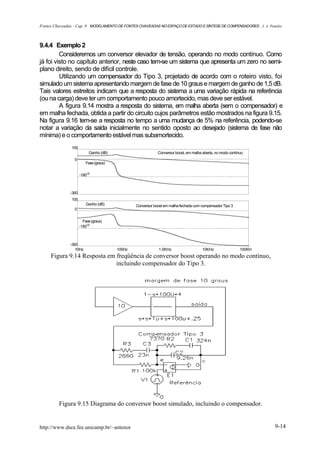 Fontes Chaveadas - Cap. 9 MODELAMENTO DE FONTES CHAVEADAS NO ESPAÇO DE ESTADO E SÍNTESE DE COMPENSADORES J. A. Pomilio



9.4.4 Exemplo 2
         Consideremos um conversor elevador de tensão, operando no modo contínuo. Como
já foi visto no capítulo anterior, neste caso tem-se um sistema que apresenta um zero no semi-
plano direito, sendo de difícil controle.
         Utilizando um compensador do Tipo 3, projetado de acordo com o roteiro visto, foi
simulado um sistema apresentando margem de fase de 10 graus e margem de ganho de 1,5 dB.
Tais valores estreitos indicam que a resposta do sistema a uma variação rápida na referência
(ou na carga) deve ter um comportamento pouco amortecido, mas deve ser estável.
         A figura 9.14 mostra a resposta do sistema, em malha aberta (sem o compensador) e
em malha fechada, obtida a partir do circuito cujos parâmetros estão mostrados na figura 9.15.
Na figura 9.16 tem-se a resposta no tempo a uma mudança de 5% na referência, podendo-se
notar a variação da saída inicialmente no sentido oposto ao desejado (sistema de fase não
mínima) e o comportamento estável mas subamortecido.
               100
                          Ganho (dB)                       Conversor boost, em malha aberta, no modo contínuo
                 0
                        Fase (graus)

                     -180 o



              -360
               100
                        Ganho (dB)             Conversor boost em malha fechada com compensador Tipo 3
                 0


                       Fase (graus)
                     -180 o



              -360
                 10Hz                  100Hz               1.0KHz                    10KHz                 100KH
     Figura 9.14 Resposta em freqüência de conversor boost operando no modo contínuo,
                             incluindo compensador do Tipo 3.




         Figura 9.15 Diagrama do conversor boost simulado, incluindo o compensador.


http://www.dsce.fee.unicamp.br/~antenor                                                                            9-14
 