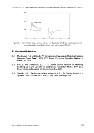 Fontes Chaveadas - Cap. 9 MODELAMENTO DE FONTES CHAVEADAS NO ESPAÇO DE ESTADO E SÍNTESE DE COMPENSADORES J. A. Pomilio



                    400V




                    300V
                                     Tensão de saída




                    200V
                                  Tensão de referência




                    100V
                       0s            10ms                20ms     30ms          40ms         50ms



 Figura 9.16 Resposta no tempo a uma variação em degrau na referência para um conversor
               boost operando no modo contínuo, com compensador Tipo 3.


9.5 Referências Bibliográficas

[9.1]    Middlebrook, R.D. and Cuk, S.: "A General Unified Approach to Modelling Switching
         Converter Power Stage". 1976 IEEE Power Electronics Specialists Conference
         Record, pp. 18-34

[9.2]    Cuk, S. and Middlebrook, R.D. : "A General Unified Approach to Modelling
         Switching DC-to-DC Converter in Discontinuous Conduction Mode". 1977 IEEE
         Power Electronics Specialists Conference Record, pp 36-57

[9.3]    Venable, H.D.: "The k-factor: A New Mathematical Tool for Stability Analysis and
         Synthesis" Proc. of Powercon 10, March 22-24, 1983, San Diego, USA




http://www.dsce.fee.unicamp.br/~antenor                                                                           9-15
 
